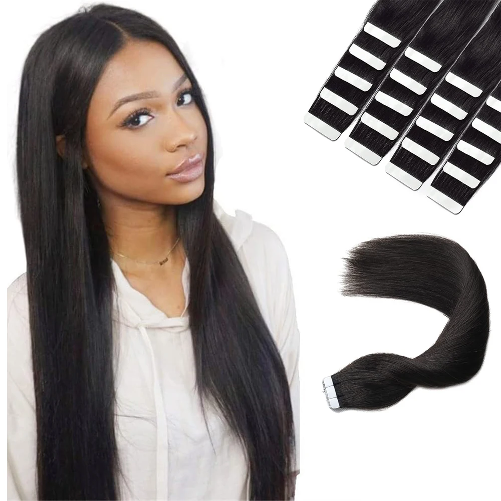 Tape In Human Hair #1 Black Color Straight Natural Extensions 22 24 26 Inches 100% Remy Skin Weft Adhesive Glue On For Women