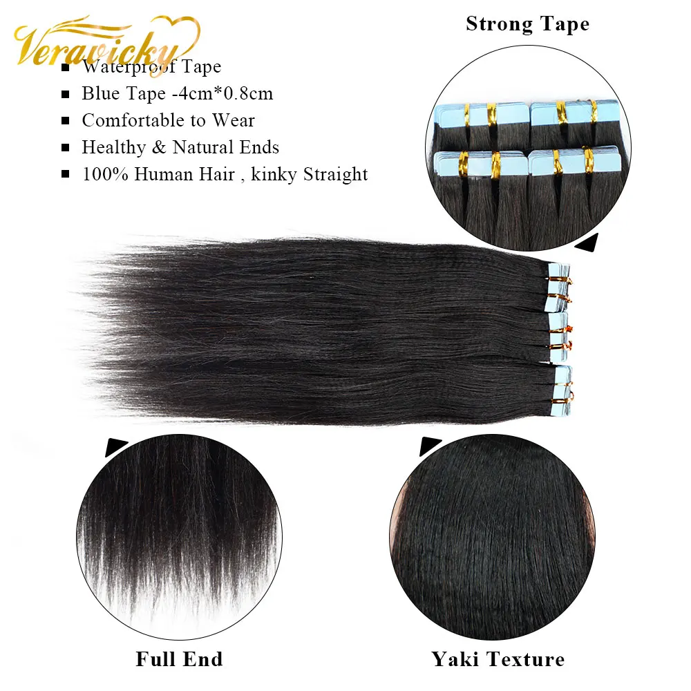 Veravicky-extensiones de cinta Yaki Light, cabello humano Remy negro Natural de 50g-200g, tejido de seda Yaki, cinta recta HGT Ins de 14-24 pulgadas