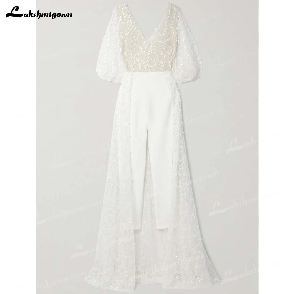 Boho Lace Jumpsuit Wedding Dresses 2024 Chic Wedding Gown White V Neck Beach Bridal Gowns Vestido De Novia