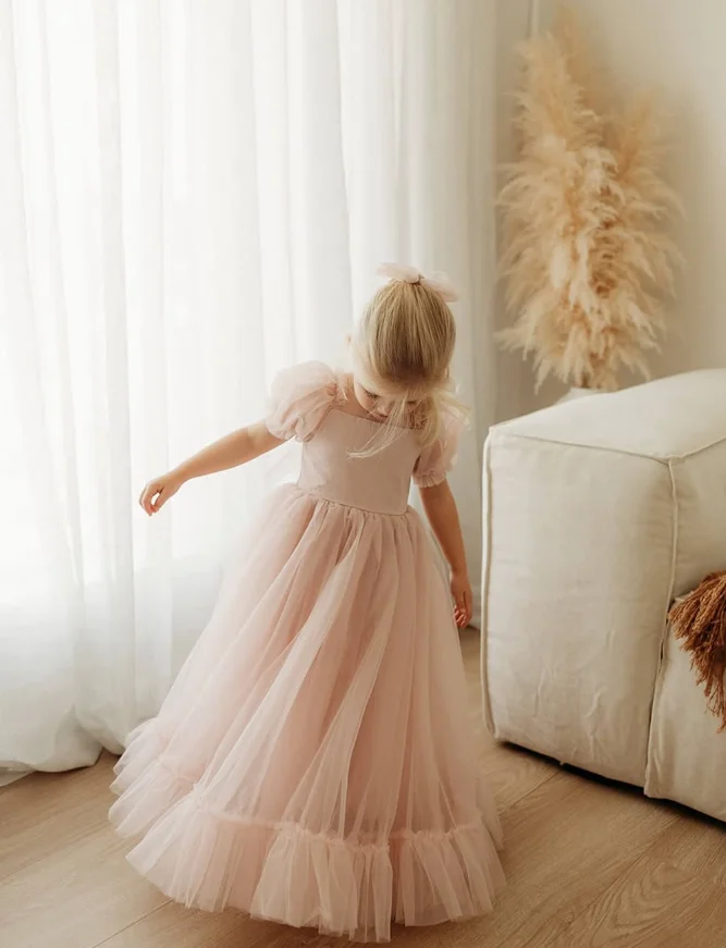 Customized A Line Flower Girl Dress Pink Tulle Short Sleeve For Wedding Birthday Party Prom Evening Banquet Princess Gown