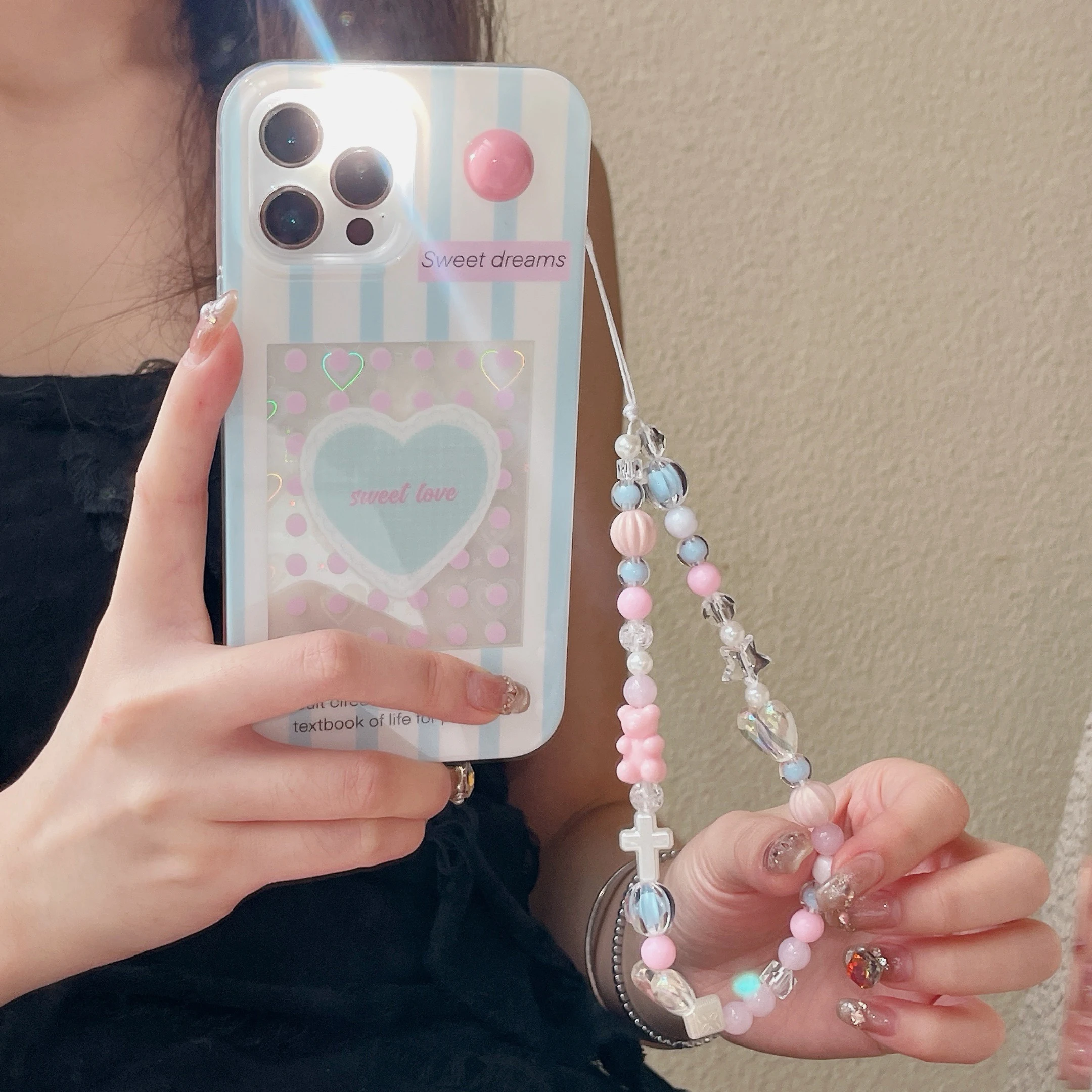 South Korean girl Heart striped polka Dot love strap for iPhone 12 13 14 15promax new niche anti fall female protective case