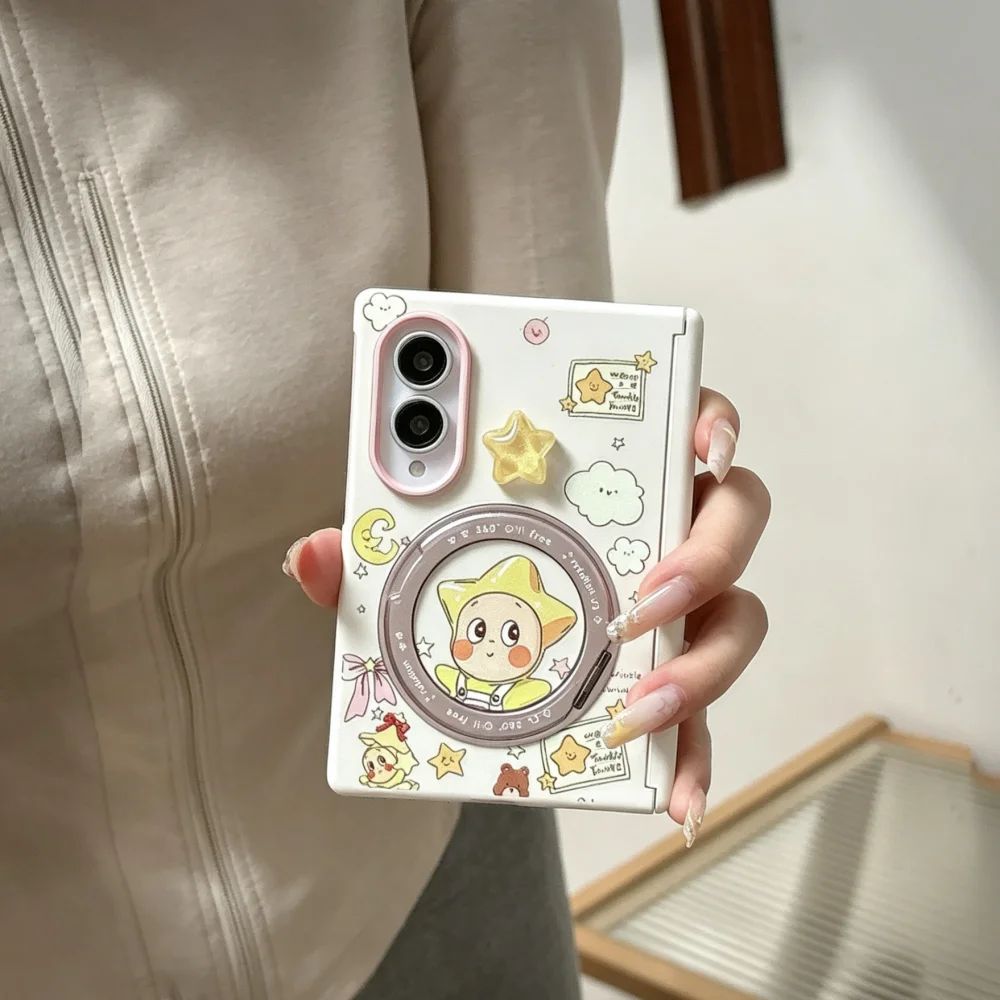 Cute Cartoon Star Character Magnetic Phone Case for Samsung Galaxy Z Fold 8, Kawaii 3D Star Anti-Fall Cover, With MagSafe Holder