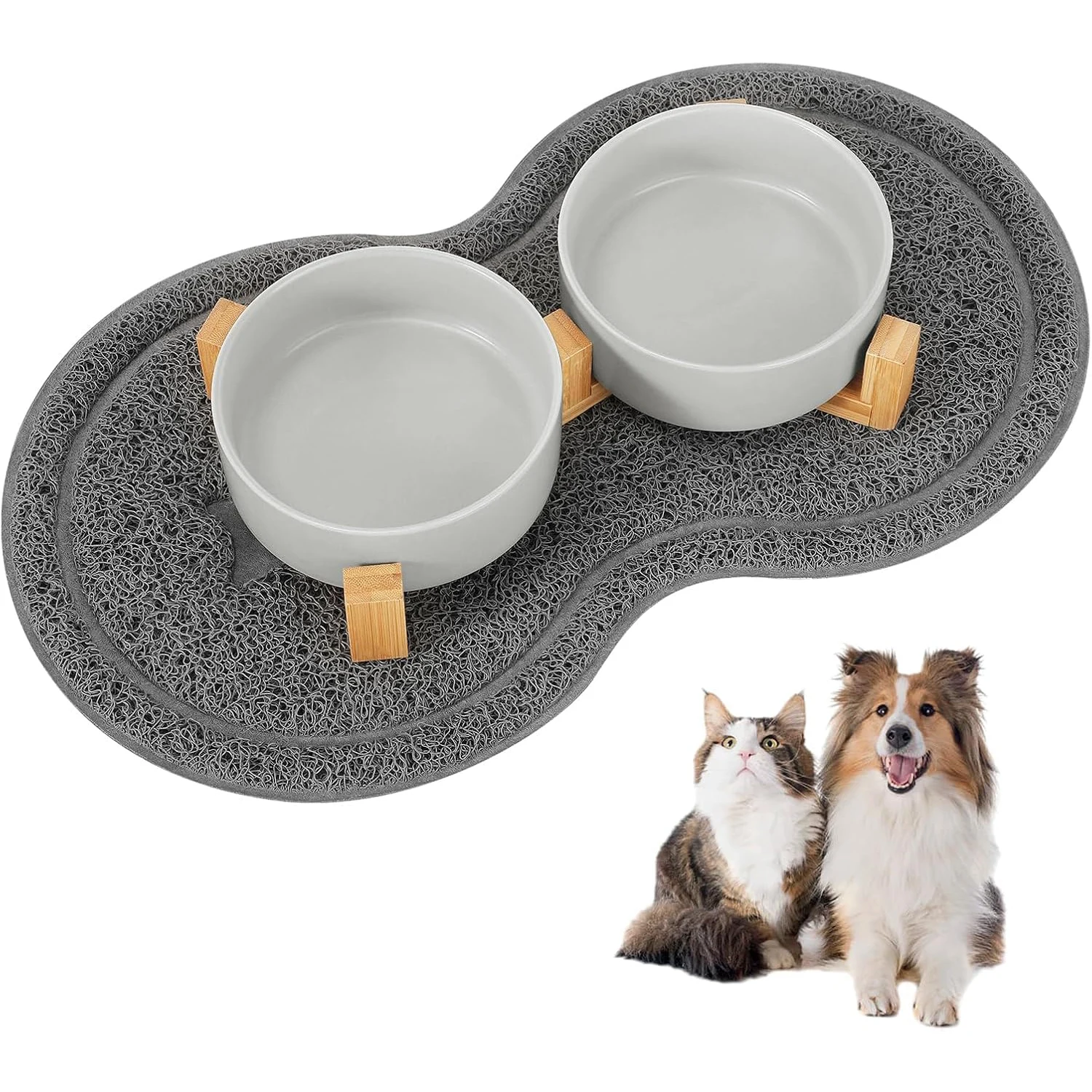Keramik-Doppelnapf mit Bambus-Ständer & rutschfester Matte – 2×400 ml, erhöhte Fütterung für Hunde & Katzen, schützt die Wirbelsäule, leicht zu reinigen, spülmaschinenfest – ideal für kleine &