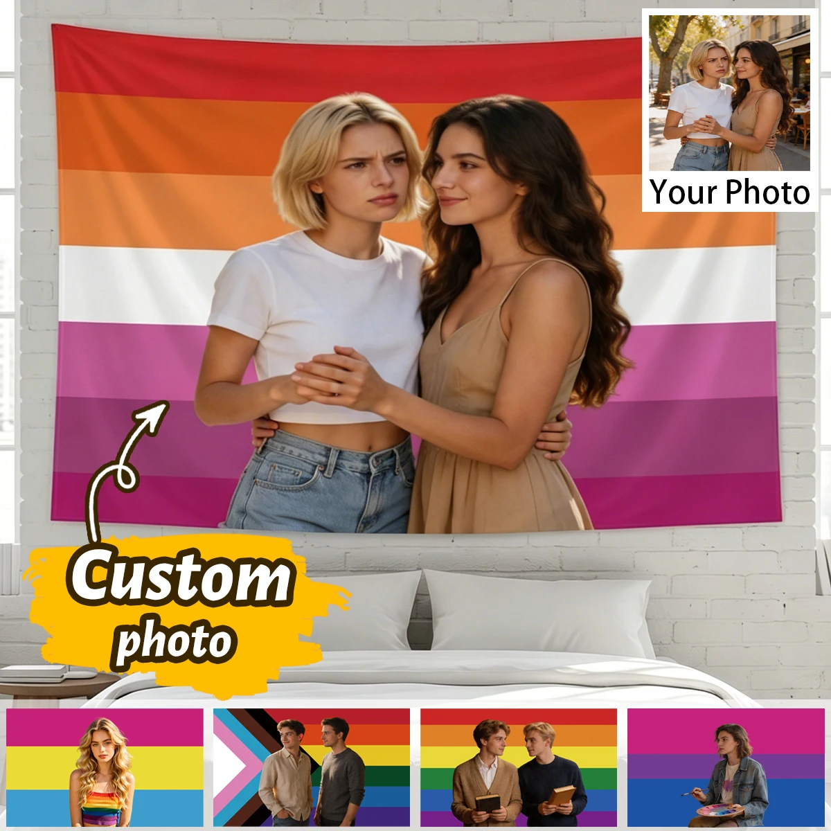 Bandera Arcoíris Personalizada con Foto, Tapiz de Pared Estilo Orgullo Personalizado, Decoración de Jardín