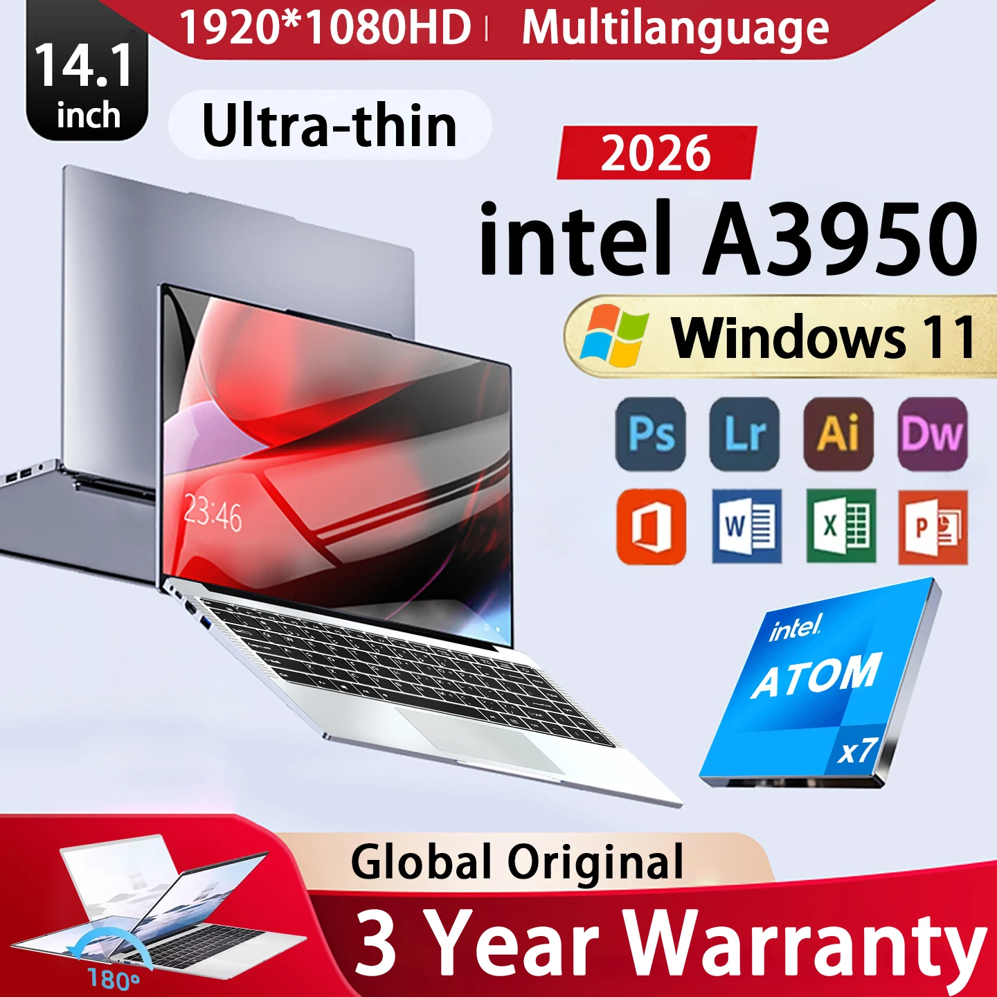 Portátil de 14,1 pulgadas Intel Atom A3950, portátiles con Windows 11, 12GB de RAM, 1TB, 2TB SSD, ordenador portátil, PC para juegos, oficina, ocio, 1920*1080 HD 4K