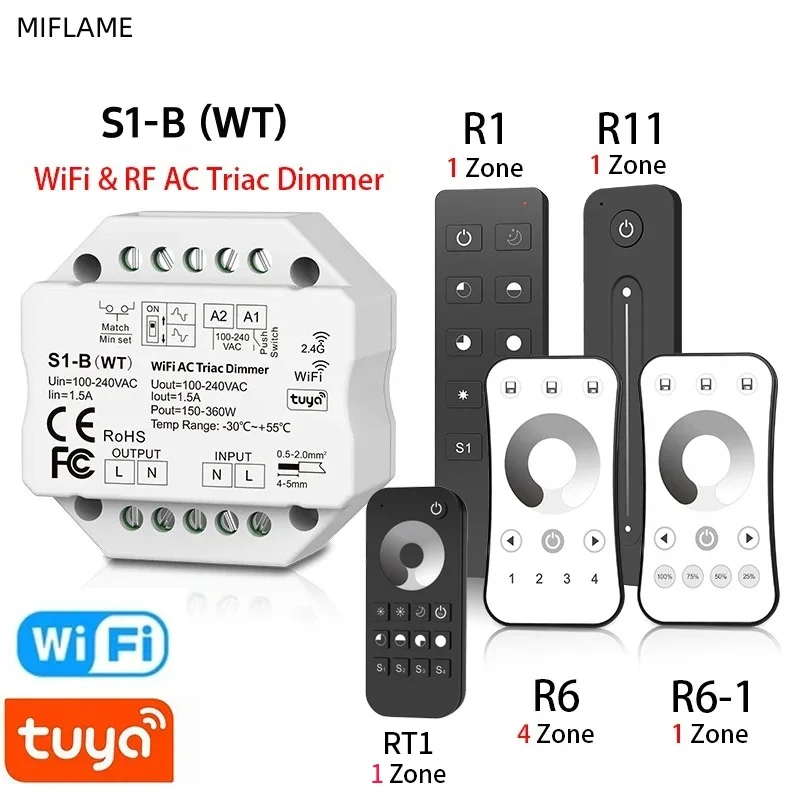 Tuya LED Dimmer S1-B(WT) Wifi AC Triac Dimmer AC 100-240V 2.4G Wireless RF Remote Smart Push Switch Dimmer per striscia LED 220V