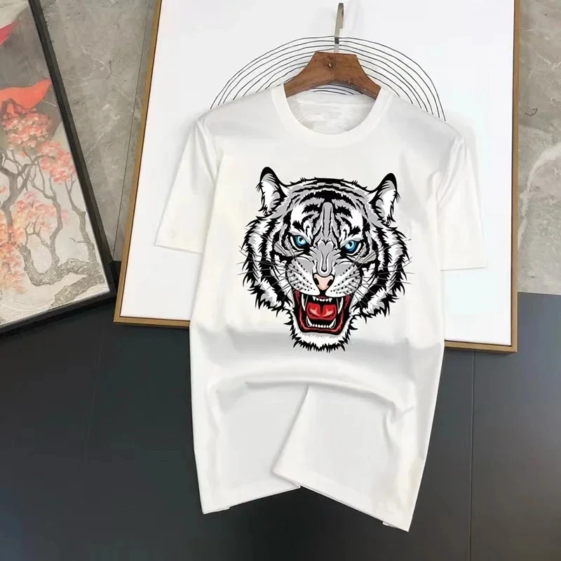 2024 Trendy Brand Men's Domineering Tiger Print Short-Sleeved T-shirt Cotton Men's Oversize Casual Street Fashion T shirts Tops