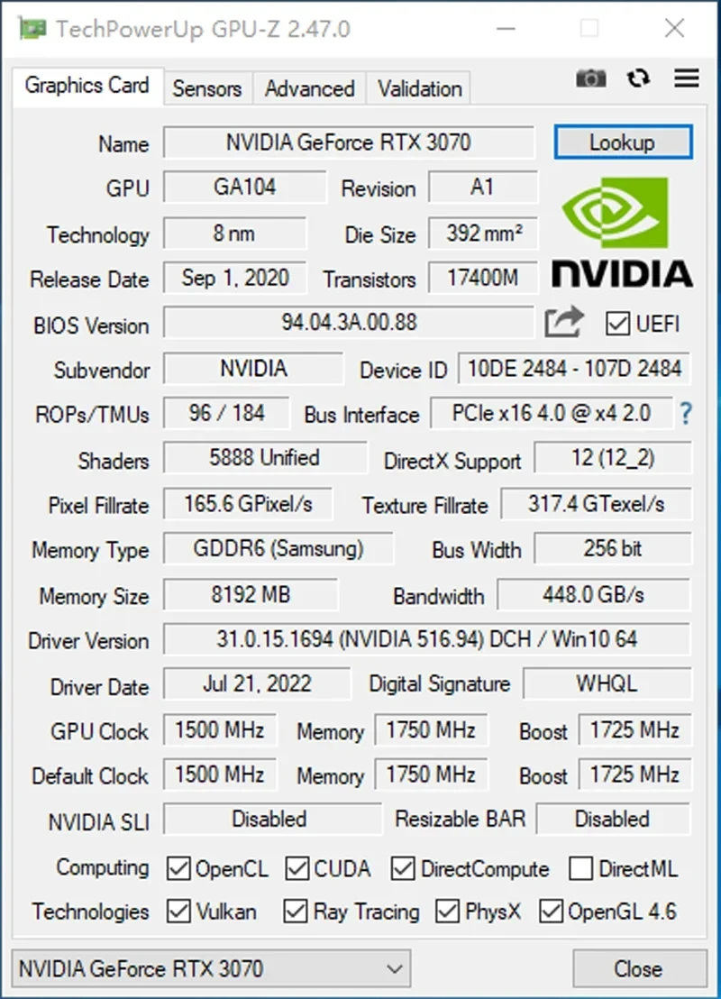 Игровая видеокарта RTX 3070 8 ГБ, б/у, видеокарта NVIDIA GPU GDDR6 256bit HDMI * 1 DP * 3 PCI-E 4,0x16 rtx 3070 8 Гб