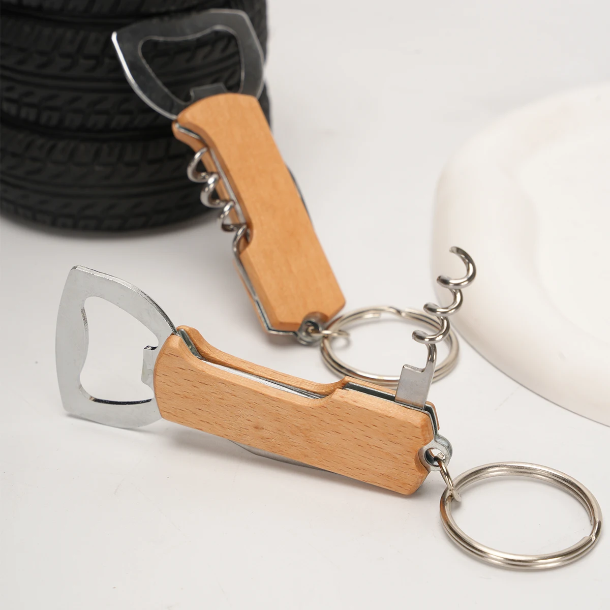 1pc 3-in-1 Bottle Opener Keychain , Wooden Handle Corkscrew, Foil Cutter & Beer Opener, Portable Key Ring Bar Tool for Home, Cam