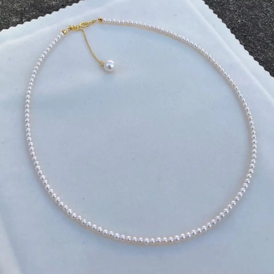 MADALENA SARARA 3-4mm Freshwater Pearl Women Necklace Round White Color Pearl Strand 18K Gold Made