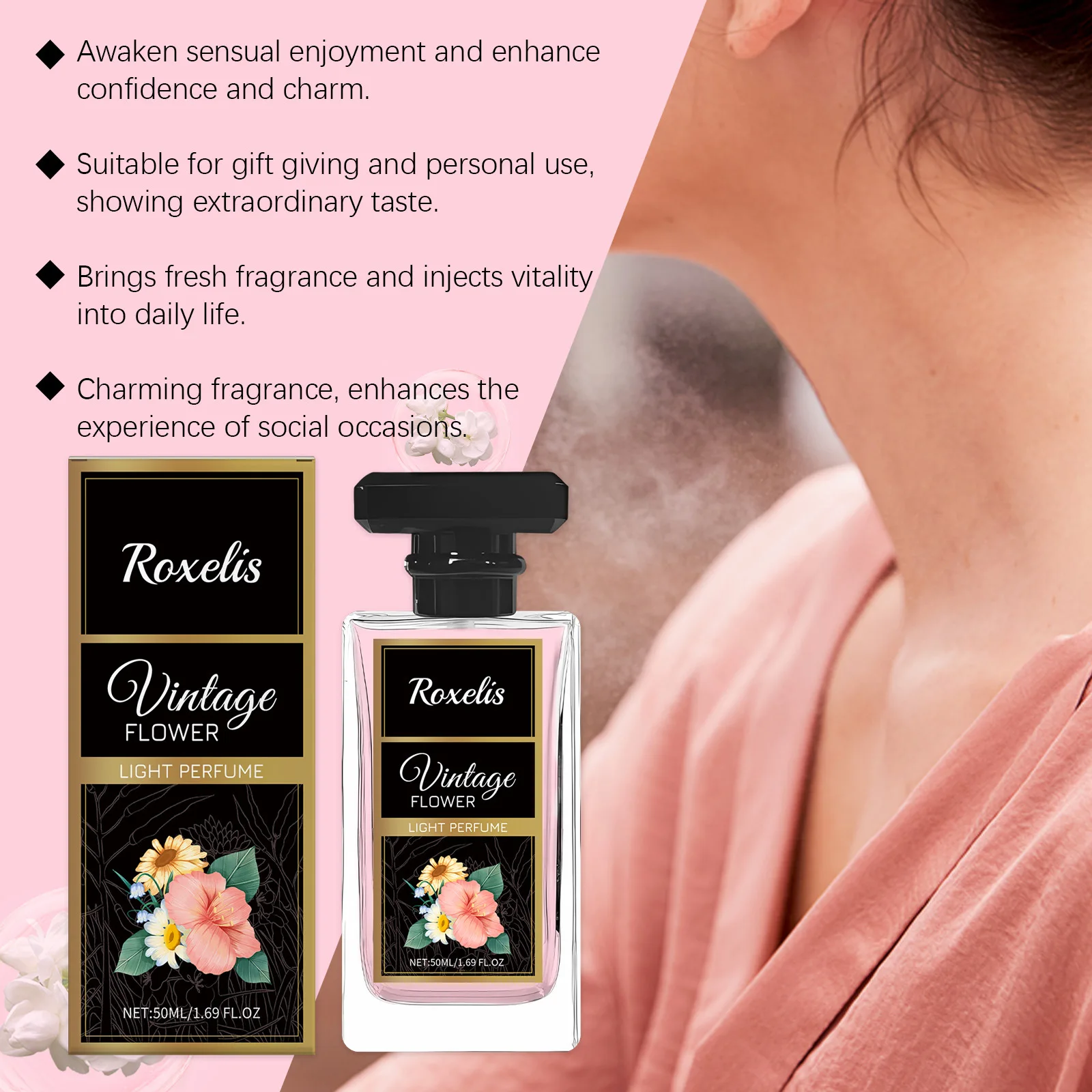 น้ำหอมโรเซลิส 50 มล. กลิ่นดอกไม้หรูหรา หอมติดทนนาน กลิ่นหอมธรรมชาติ สดชื่น ดึงดูดใจ เหมาะสำหรับออกเดท สร้างเสน่ห์โรแมนติก น้ำหอมกลิ่นดอกไม้