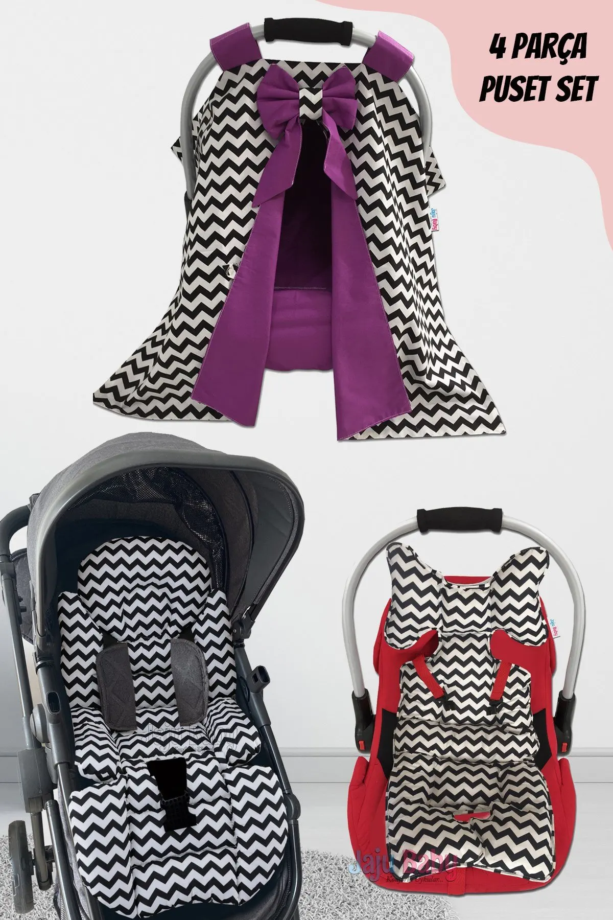 

Black Zigzag Purple 4-Piece Stroller Set (With Holder)