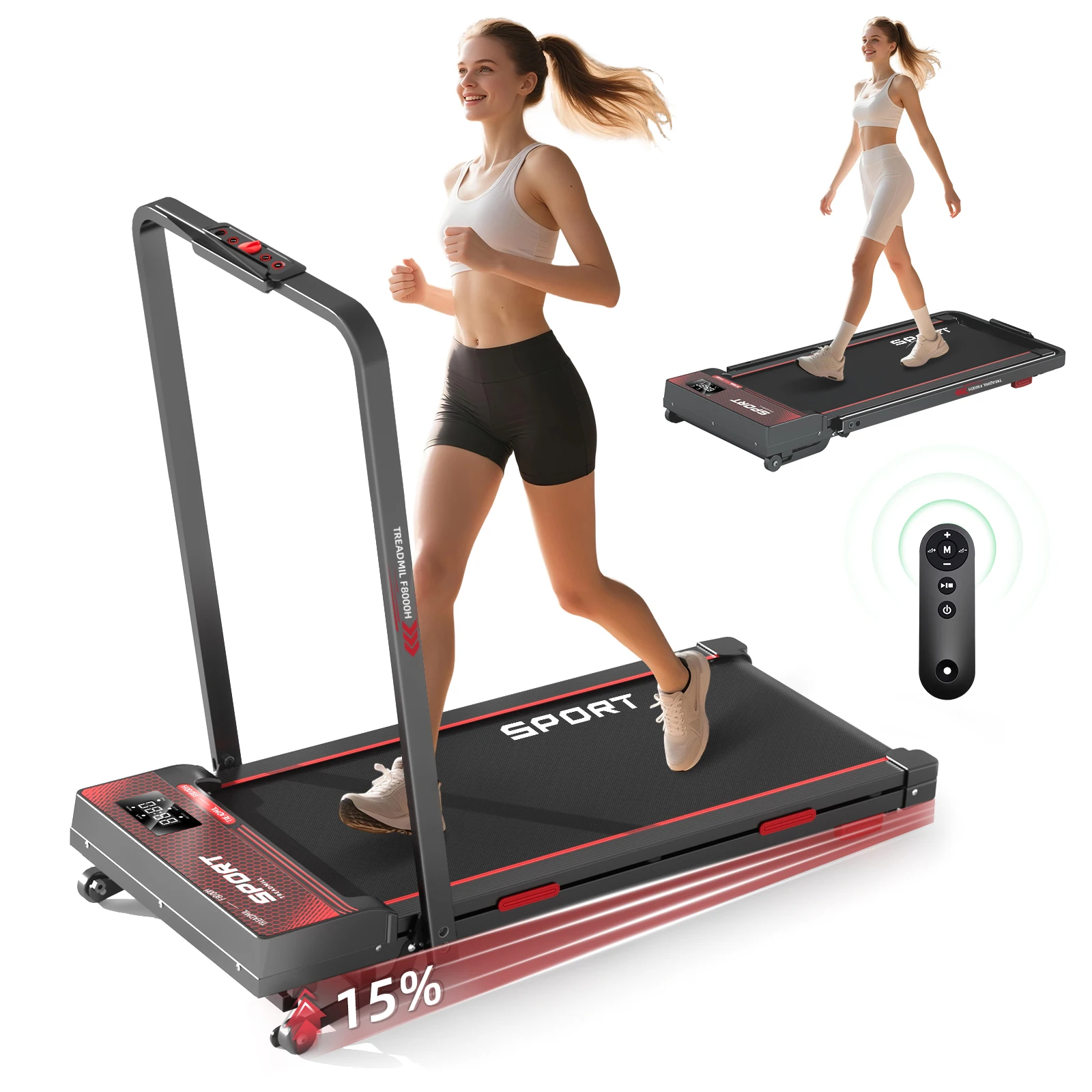 Tapis de course Pliable, Inclinaison Électrique 15%, Télécommande, Écran LED, Vitesse 1-12 Km/H