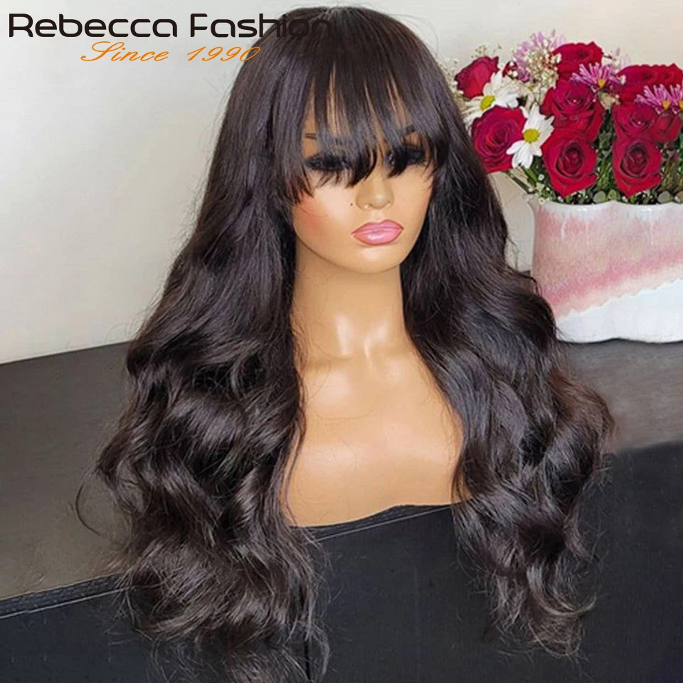 180D 1B Body Wave Human Hair Wigs With Bangs Fringe For Women Brazilian Body Wave Human Hair Wigs With Bangs Machine Made Wigs