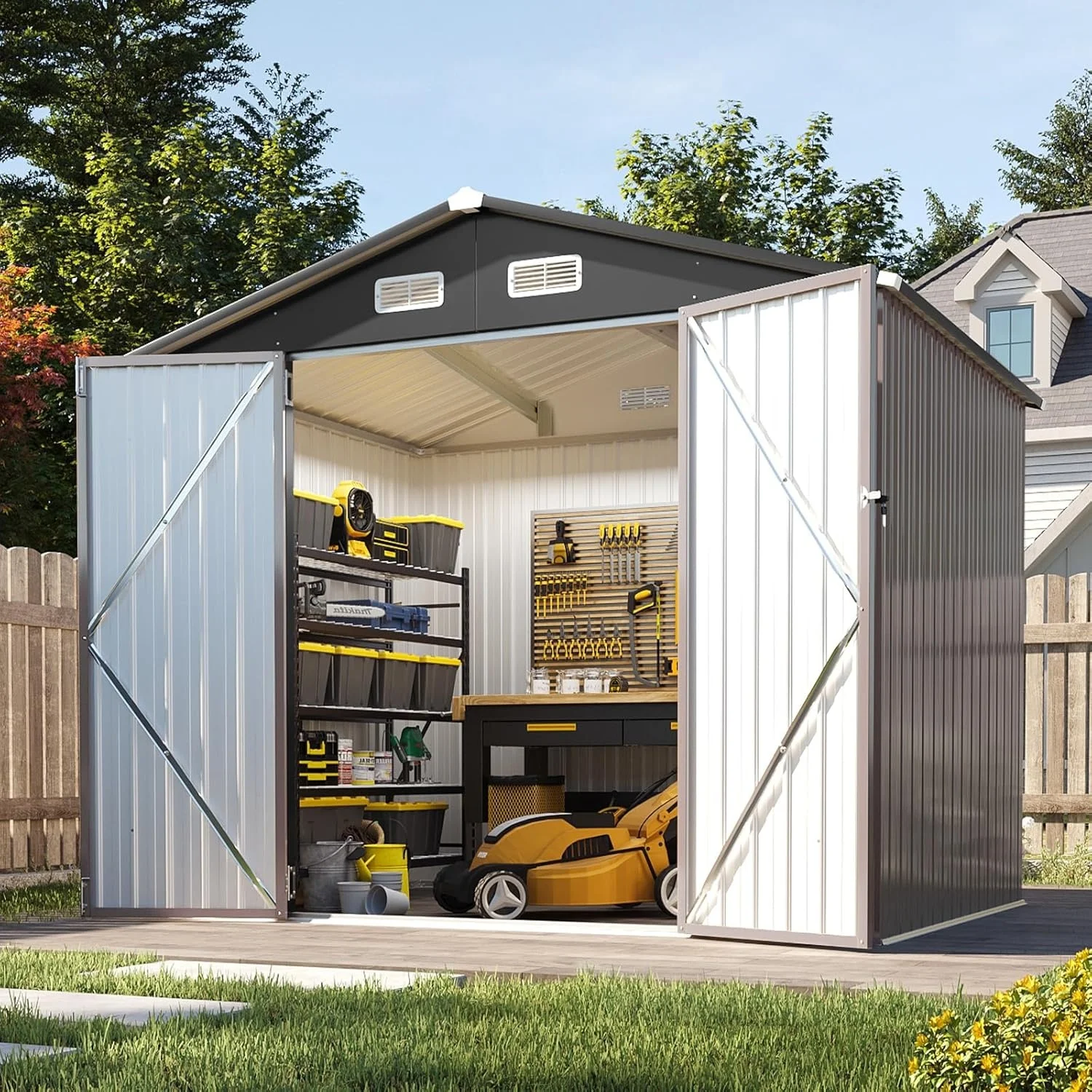 Nordivale 8x6FT Metal Outdoor Storage Shed Lockable Door Garden Tool Cabinet for Mower Bike Garbage Can Brown