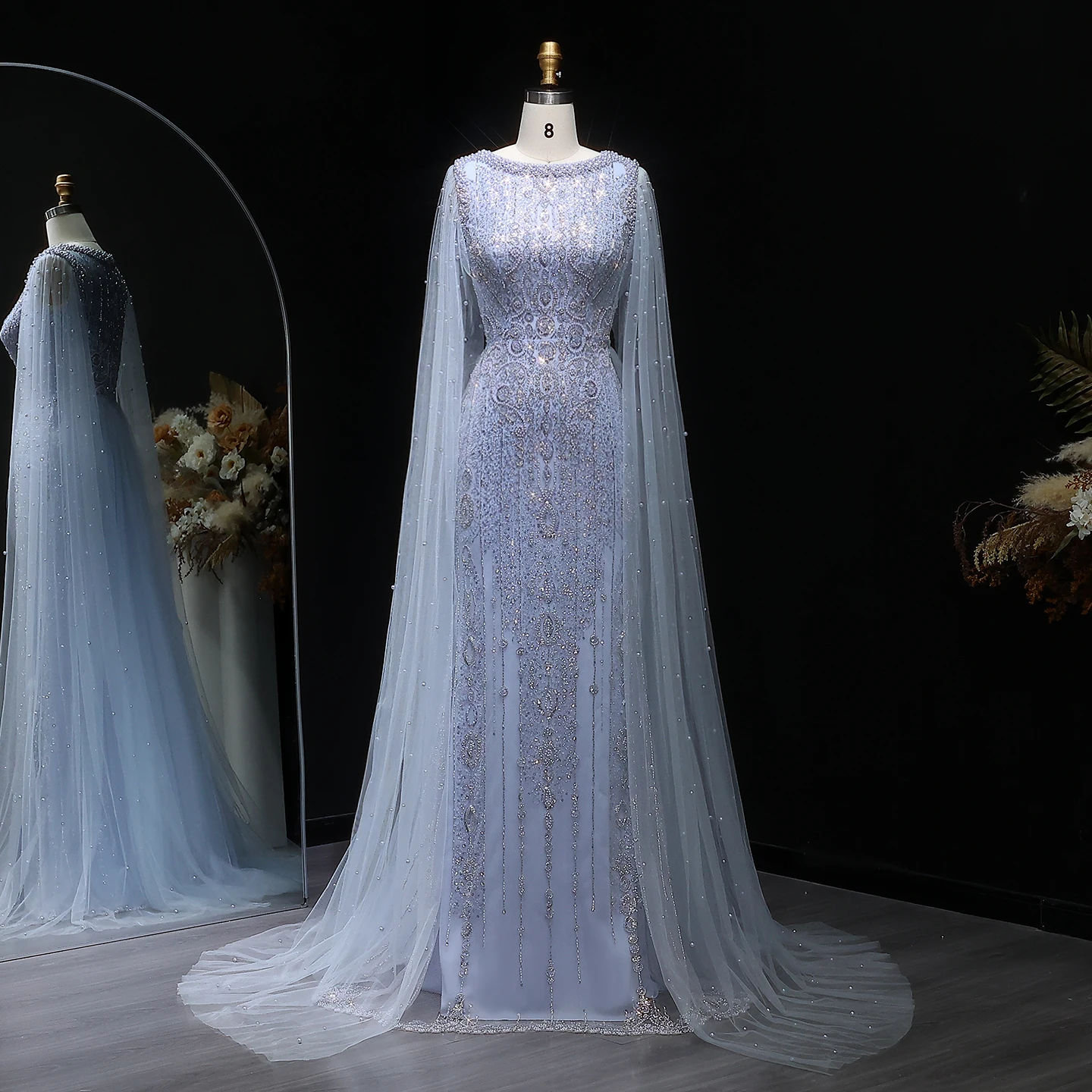 Sharon Said Luxuriöses Champagner-Abendkleid mit Cape-Ärmeln, Pailletten und Perlen, für formelle Anlässe und Partys, SS668, maßgeschneidert – Detail 15