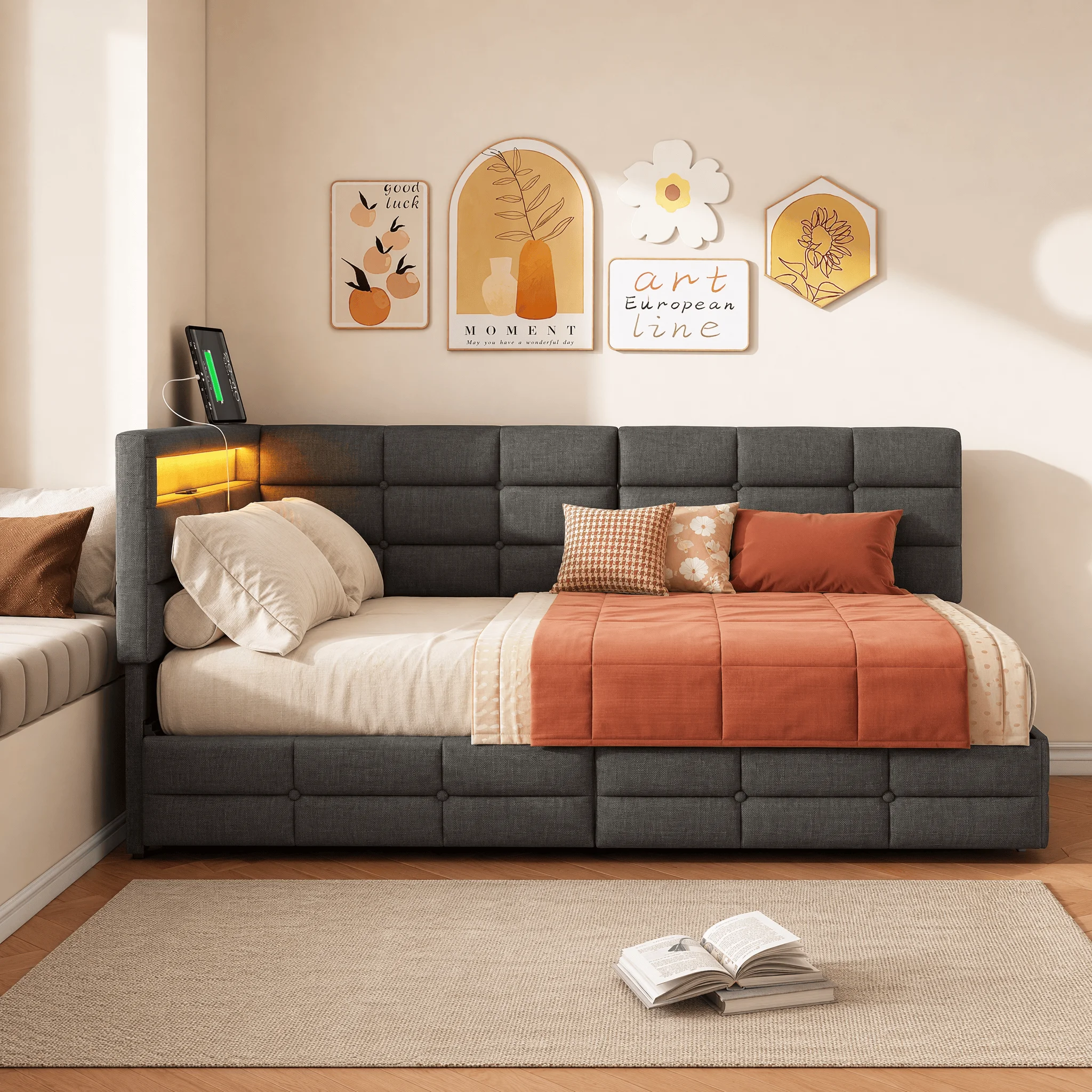 WoodenAura Canapé Lit 90x200cm avec Tiroir de Rangement, Canape Lit Rembourré avec Éclairage LED et Ports USB, Moderne Banquette Lits 1 Personne Multifonction avec Sommier à Lattes, Lin (Gris, 90x200 cm)