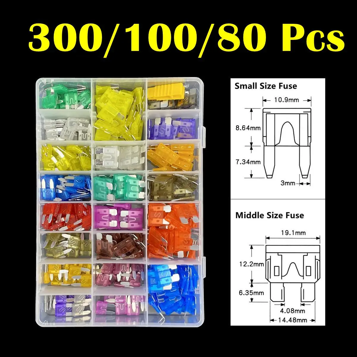 300/100 Pcs Assortment Automotive Fuses Middle Mini Type Blade Fuse 2A/3A/5A/7.5A/10A/15A/20A/25A/30A/35A/40A