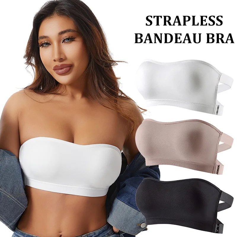 Women's Seamless Strapless Bandeau Bra Removable Pads Adjustable Side Hook Non-Marking Anti-Slip Comfort Underwear
