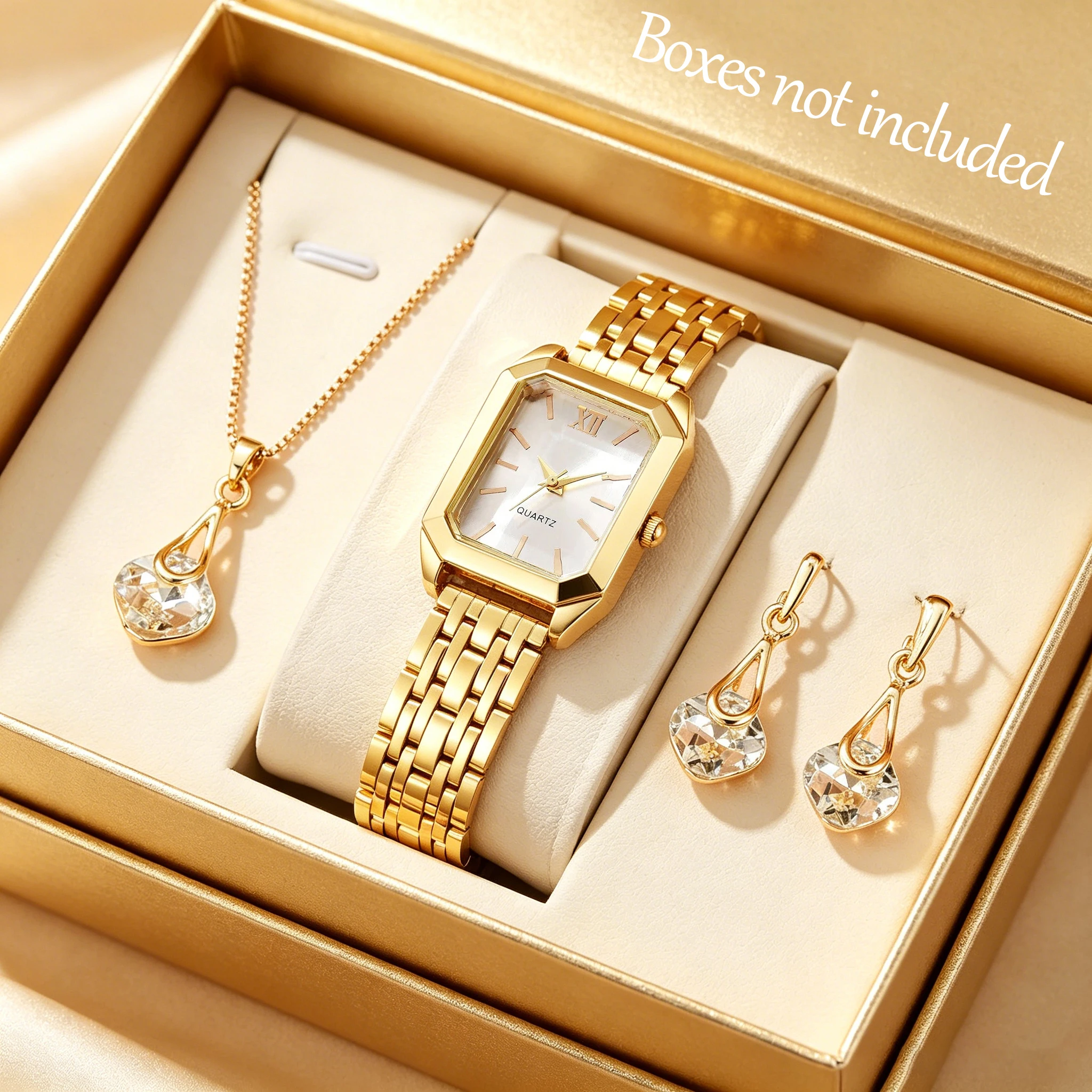 4-Piece Elegant Women's Watch Set, Featuring a Square Dial with Heart-Shaped Rhinestone Accessories, a Luxurious Everyday Valentine's Day Gift, an Ideal Choice for Gifting