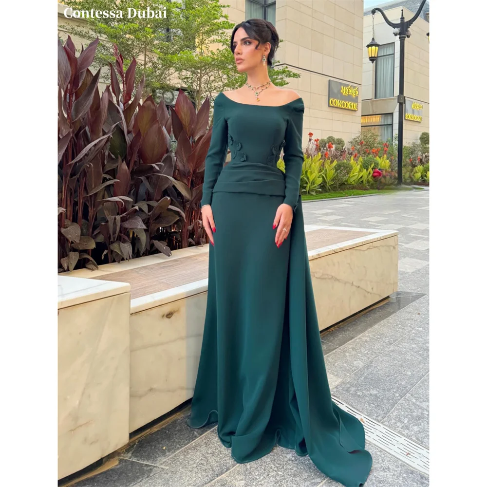 

Contessa Custom Emerald Green Cape Evening Dress Mermaid 3D Floral Prom Dresses Train Vestidos De Noche Formal Evening