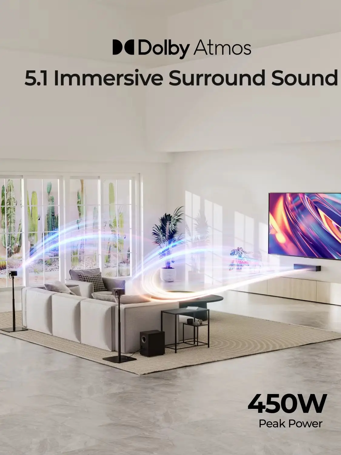 ULTIMEA 450W 5.1-Kanal Soundbar mit Dolby Atmos, Surround-Sound-System mit 2 Surround-Lautsprechern & Kabellosem Subwoofer, APP-Steuerung