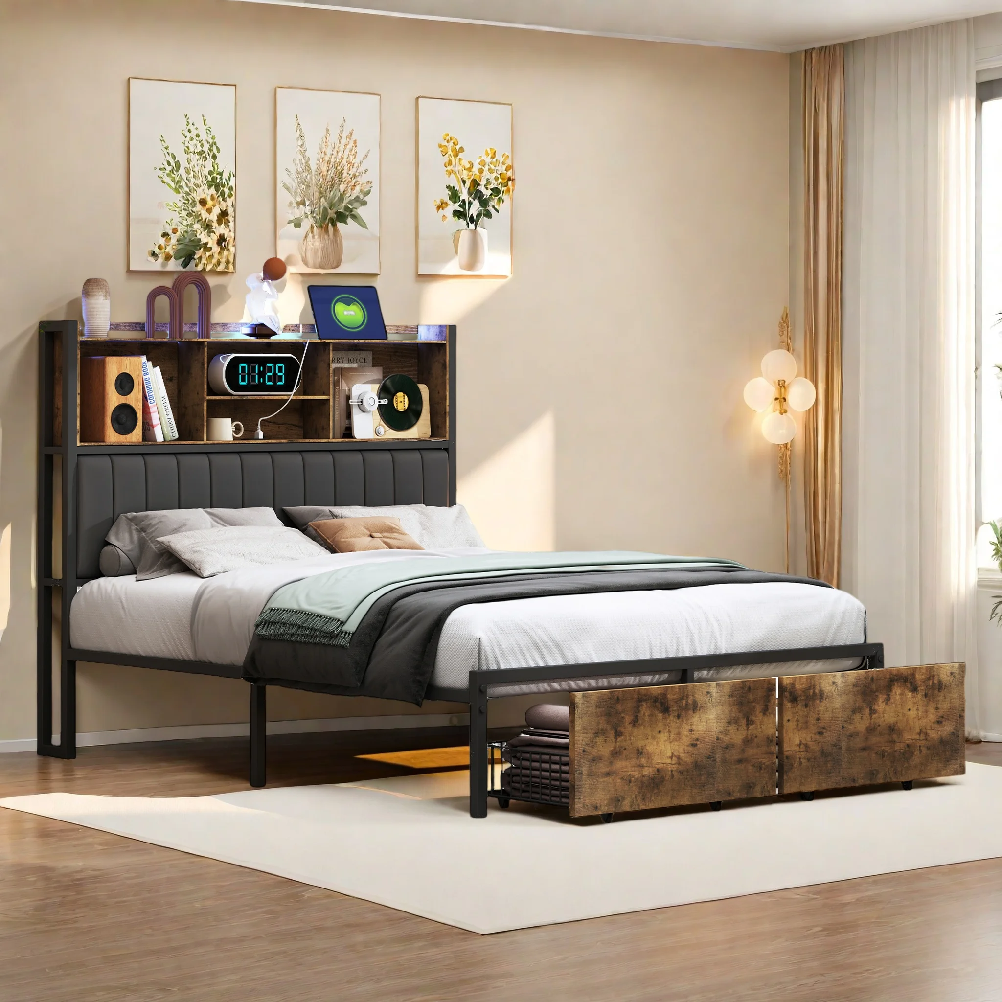 Tweepersoonsbed 160x200 cm gestoffeerd bedframe met LED-verlichting, metalen bed met 2 opberglades, hoofdbord met opbergplank en USB-poorten, zwart platformbed voor volwassenen en tieners zonder