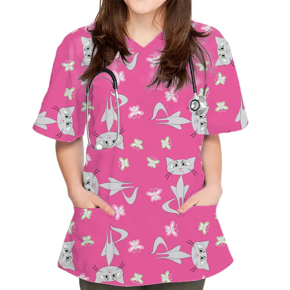 Tops con estampado de gato y cuello en V para mujer, uniformes de dibujos animados, Top fino de enfermera, camisetas de manga corta, Túnica para el cuidado de la salud