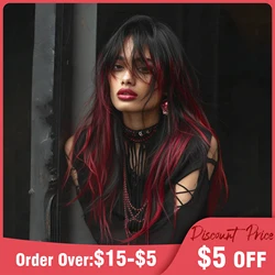 Black Highlight Red Long Wavy Wig Multicolor Synthetic Wig with Bangs 26inch Curly Black Mixed Red Wig for Women Party Christmas