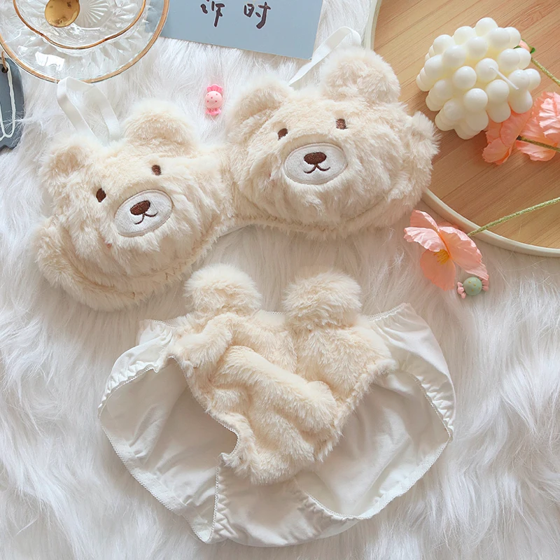 Autumn and winter cartoon plush underwear female bear comfortable and cute lingerie panty suit Japanese girl bra set