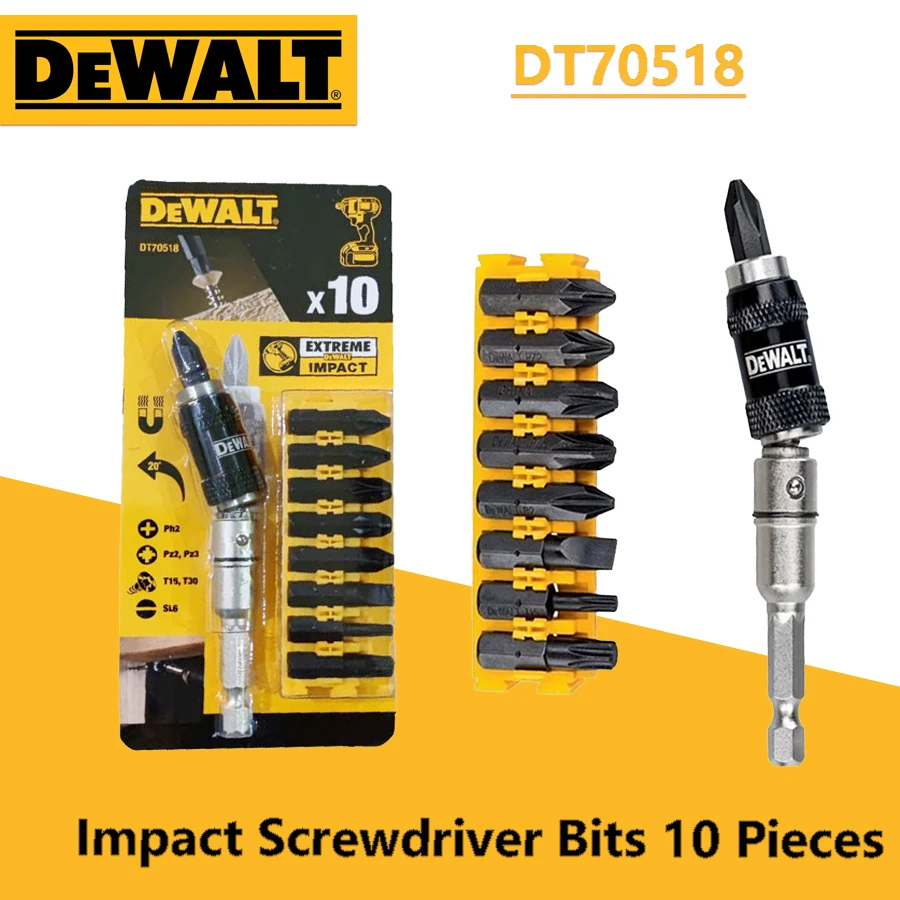 

Ударные отвертки DEWALT DT70518, набор из 10 угловых насадок, мощный магнитный поворотный держатель для наконечников, приспособления для электроинструмента