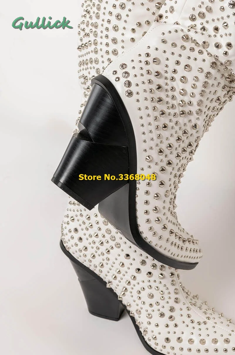 Boot Studded Pointy Toe Block West Chunky Cowboy  Heel Knee High Crystal Handmade Winter Boots White Slip On Women Fashion Shoes