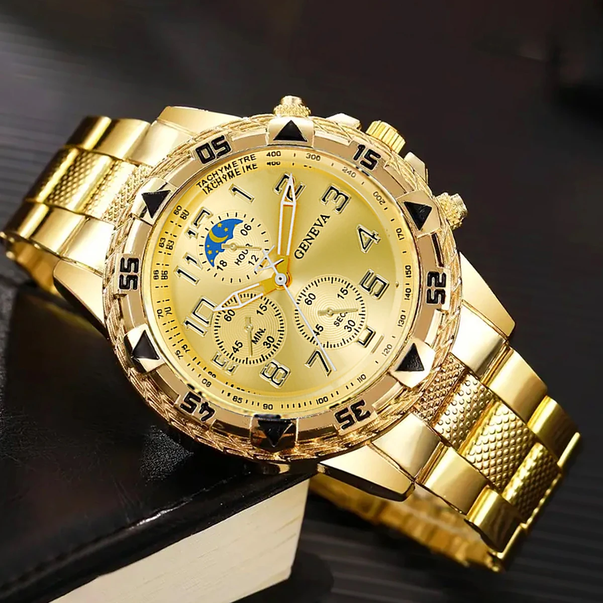 3-Piece Set, Men's Fashionable Large Quartz Watch with Cuban Bracelet and Lion Head Pendant Necklace, Trendy Street Style, a Must-Have for Fashionable Men, a Nice Holiday or Birthday Gift.
