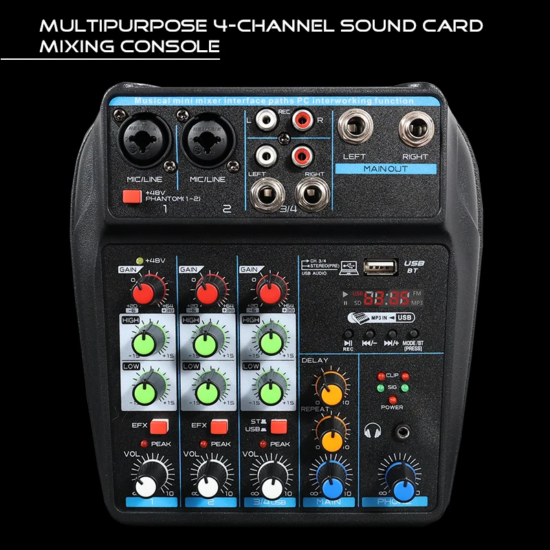 4-Channel Small Audio Mixer with Bluetooth, Usb, Mp3, 48V Phantom Power, for Mobile Phone and Computer Live Streaming, K-Song Mixer image 6