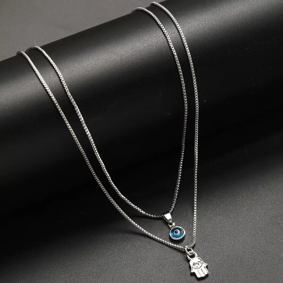 Lucky Double Layer Palm Evil Eyes Pendant Necklace for Women Micro Paved Rhinestone Eye Clavicle Chains Jewelry Gift image 4