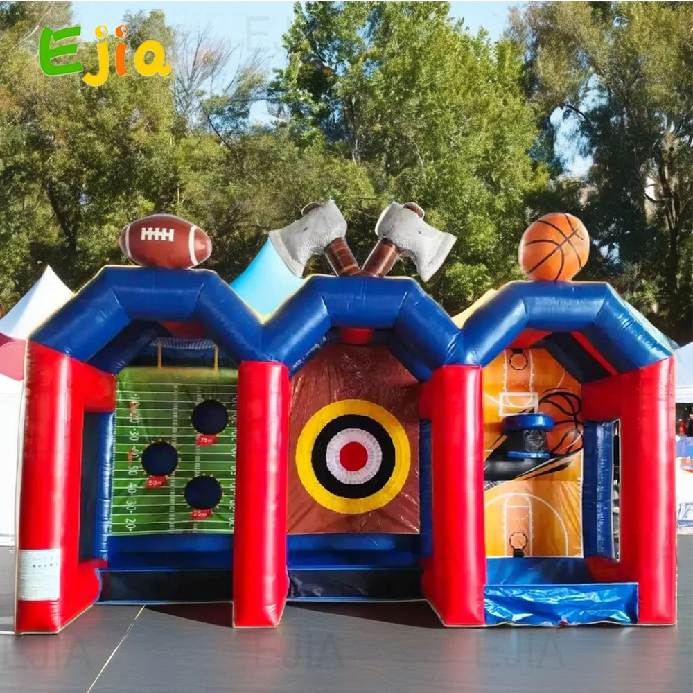 Commercial Party Rentals Inflatable 3-in-1 Carnival Game Sports Inflatable axe Throwing/Football /Basketball Shooting Game