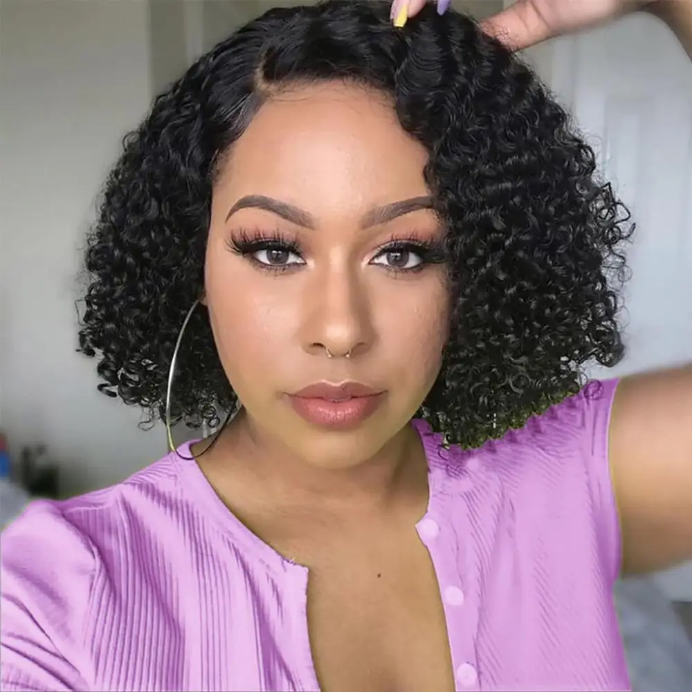Curly Bob Wig Human Hair Water Wave 4x4 Lace  Glueless Wear and Go Bob Curly Wigs Pre Plucked Pre Cut Short Bob Wig Curly Human Hair Natural Hairline for Beginner Friendly 12 Inch