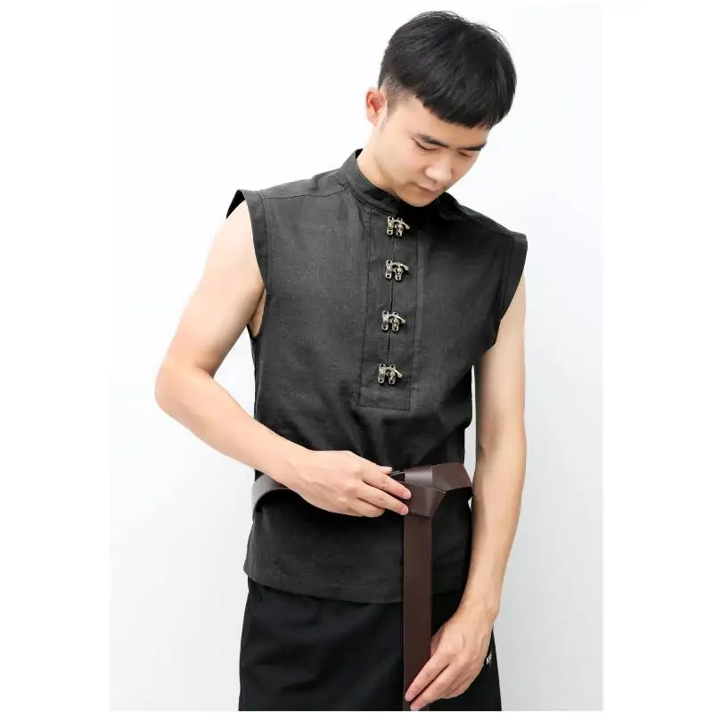 Neue Design Pirate Renaissance Hemd Männer Leinen Ärmellose Weste mit Retro Taste Grün Braun Viking Männer Kleid Ritter