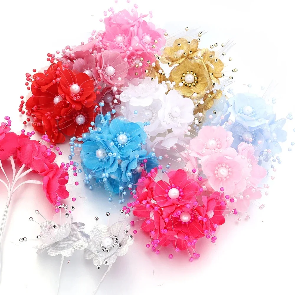 Fleur artificielle en mousseline de soie, 6 pièces/lot, perles d'imitation, pour décoration de mariage à domicile, Bouquet de roses, guirlande de gâteau, boîte cadeau