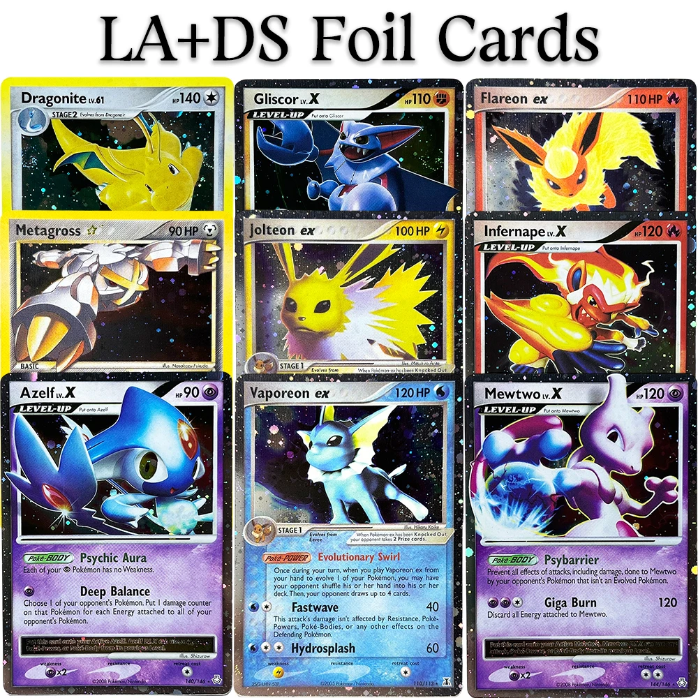 Tarjetas Coleccionables de Anime PKM Delta Species and Legends Awakened PTCG, Azelf LV.X, Mewtwo/Infernape LV.X, Dragonite, Flareon ex
