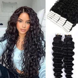 Deep Wave Tape In Human Hair Extensions 20 Pieces 100% Remy Humen Hair 16-26Inch Skin Weft Tape Ins Natural Black #1B