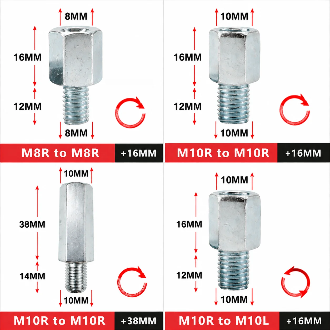 Motorcycle Rearview Mirror Thread Adapter Bolt Pair M8 M10 8mm 10mm Conversion Screws Left Right Hand Thread Converter Mount Par