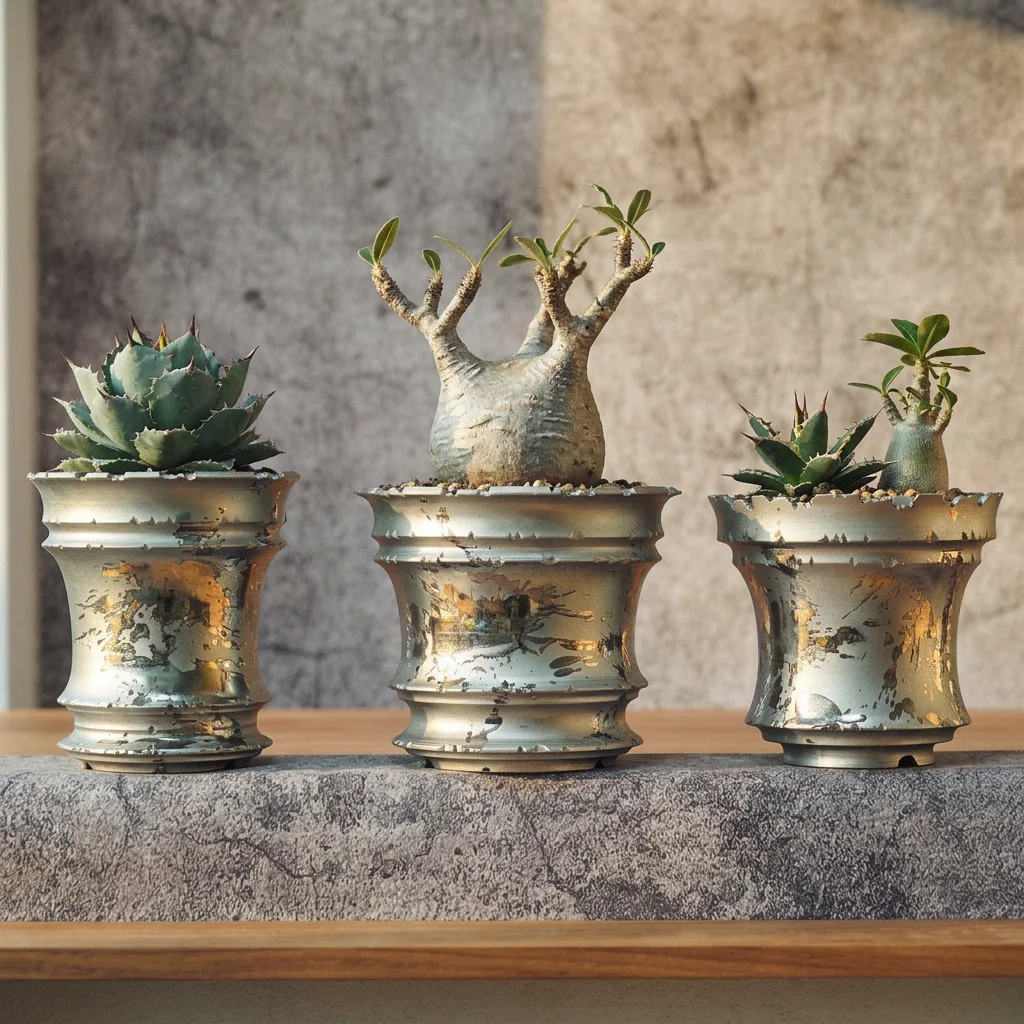 Medium Caudex Plant Pot Hand Carved Scalloped Silver Planter For Pachypodium Rosulatum Cactus Agave Pachypodium Gracilius