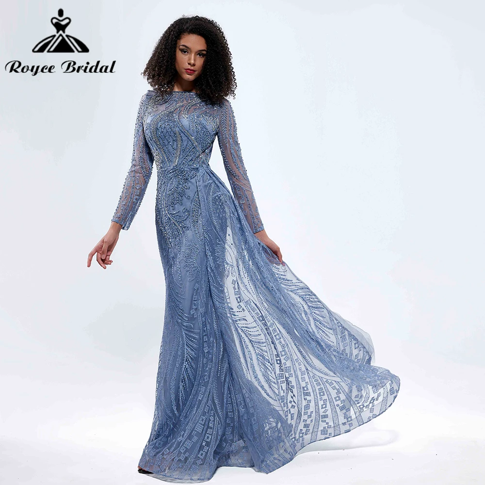 

Roycebridal Luxury Full Lace Muslim Dusty Blue Evening Dresses Gown 2024 Evening Gown For Women Party formal occasion New Arrive