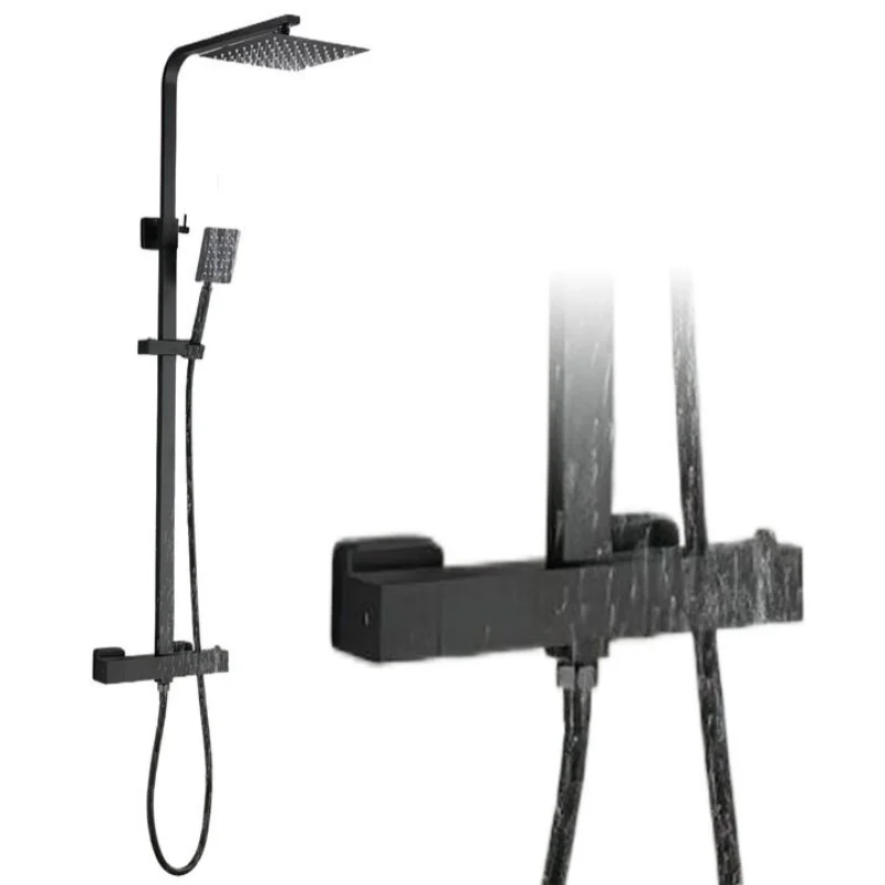Thermostatisches Duscharmatur-Set 8 Zoll Edelstahl Regenduschkopf Verstellbare Gleitstange 14-16cm Installationsabstand Verbrühungsschutz 38 ° C Sicherheitsschloss Messing ABS Badezimmer-Duschset
