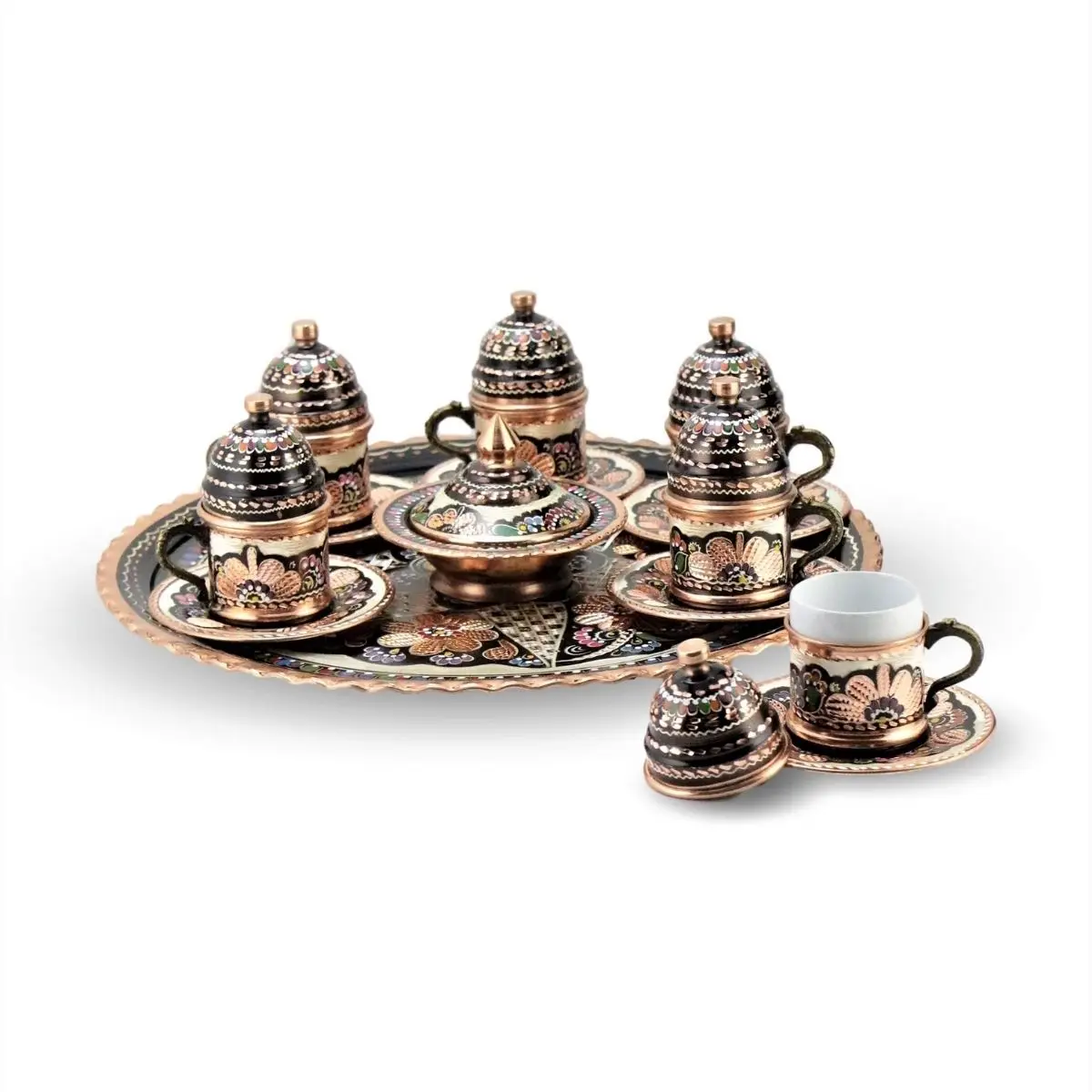 

Rose Flower Embroidered Authentic Coffee Set, Handmade Embroidered Real Copper Cup Set Porcellain Exclusive Gift