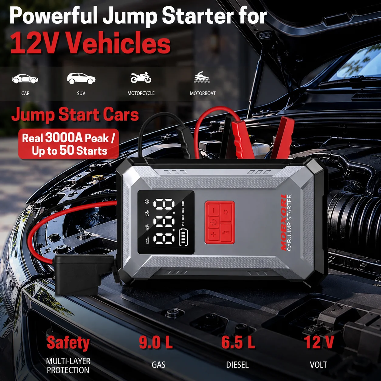 MOBXQRL 3000A Peak Car Jump Starter 12V Portable Battery Jump Box, 150PSI Digital Tire Inflator Air Compressor, Fast Charge USB Power Bank, LED Flashlight Emergency Booster Pack with Jumper Cables for Gas Diesel Cars SUVs Trucks
