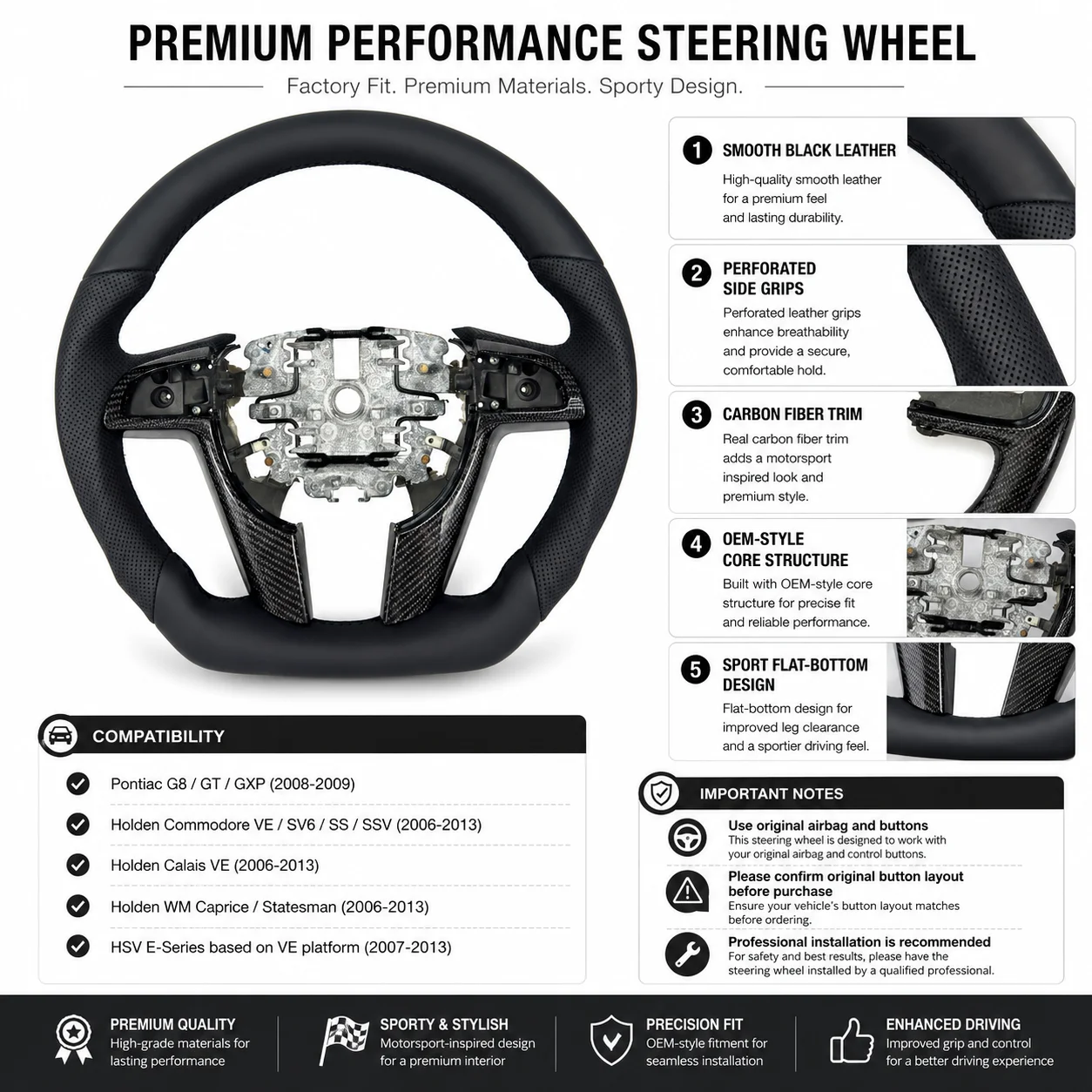 For Holden VE Pontiac G8 GT HSV SSV Commodore 2008 2009 Black Leather Carbon Fiber Custom Flat Steering Wheel