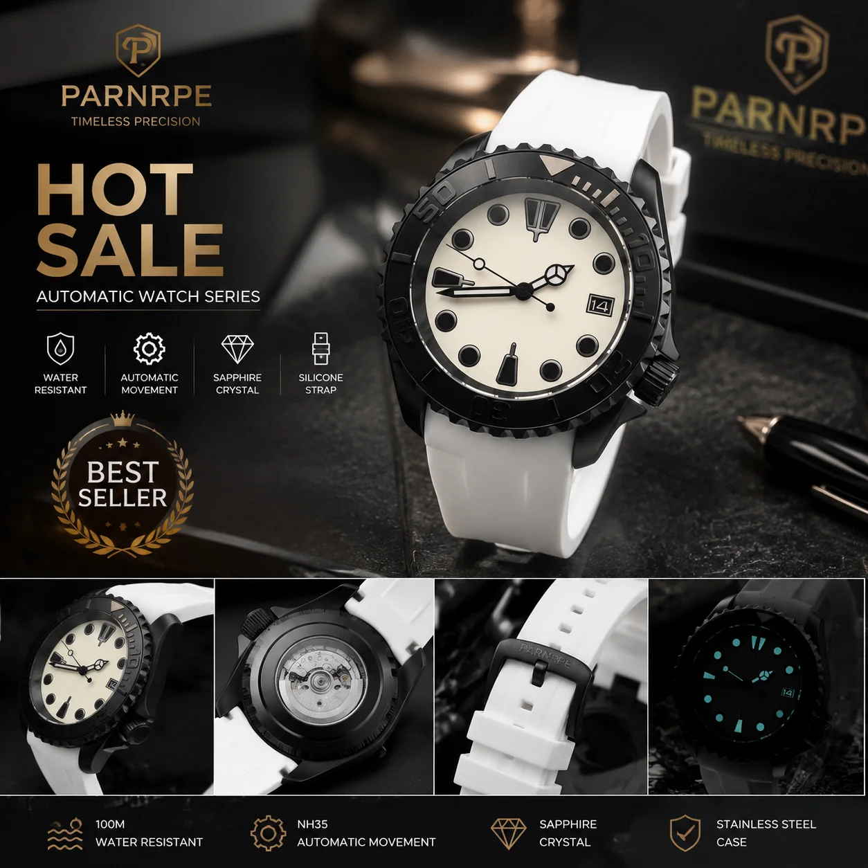 PARNSRPE SKX013 42mm Mens NH35 Automatic Mechanical Watch, Sapphire Crystal Stainless Steel Case, White Dial Business Wristwatch