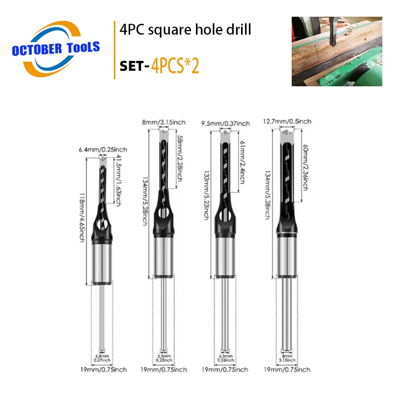 

Professional Woodworking Square Hole Drill Bits Set (1/4" 5/16" 3/8" 1/2") - 4pc Mortiser Bits for Precision Square Holes in Woo